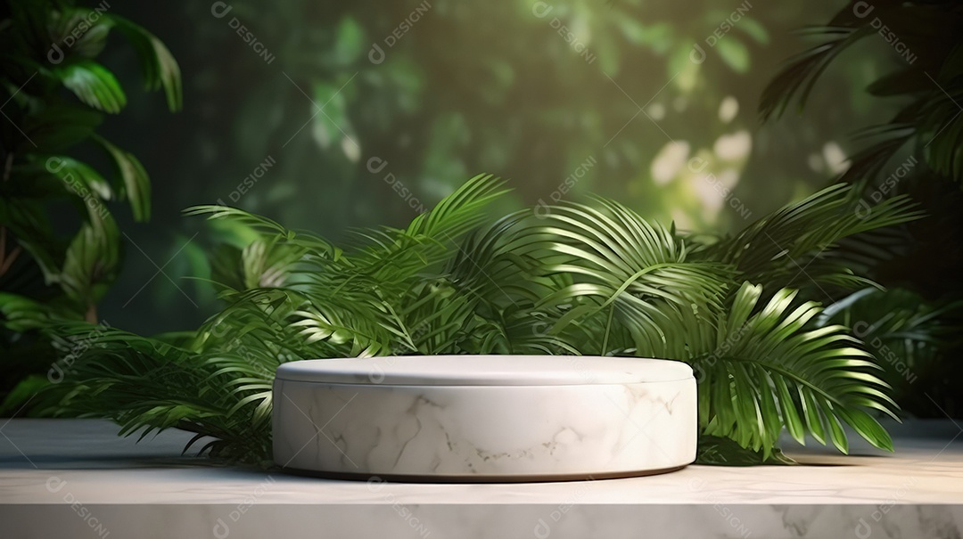 Pódio premium em fundo pastel com galhos de plantas, folhas.