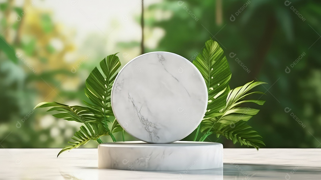 Pódio premium em fundo pastel com galhos de plantas, folhas.