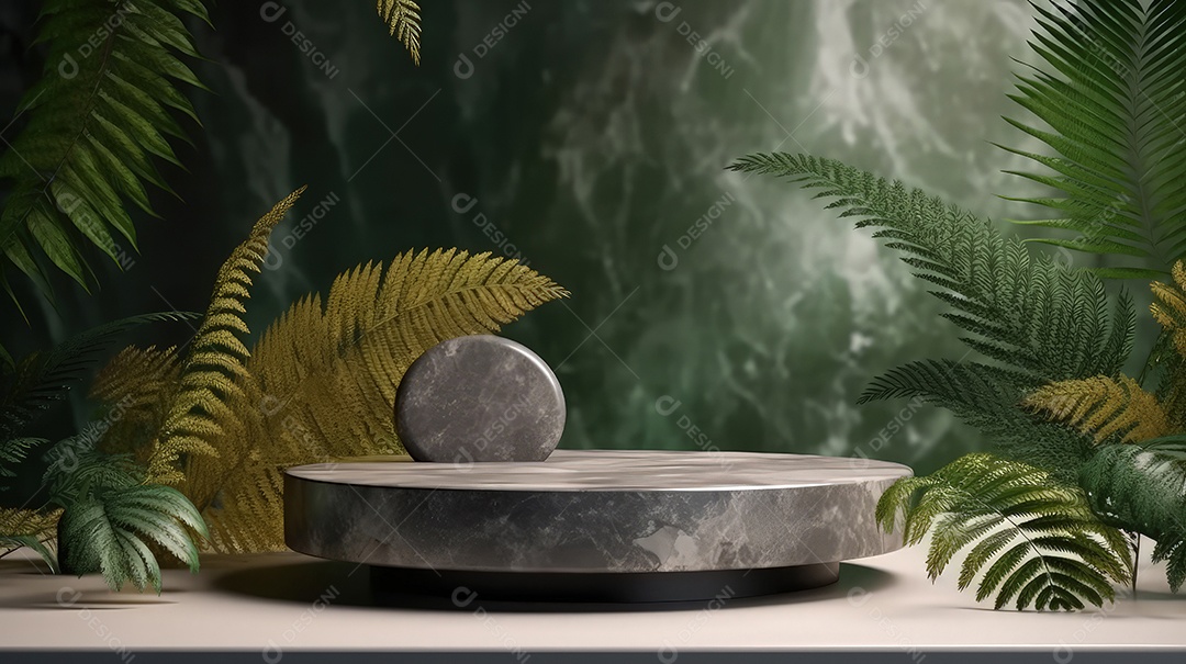 Pódio premium em fundo pastel com galhos de plantas, folhas.