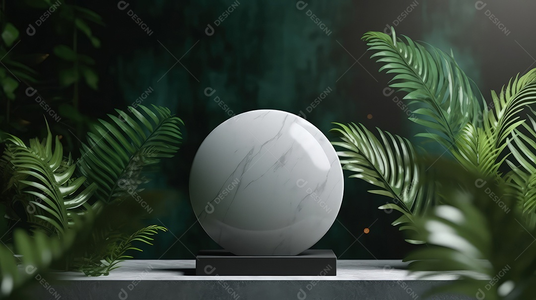 Pódio premium em fundo pastel com galhos de plantas, folhas.