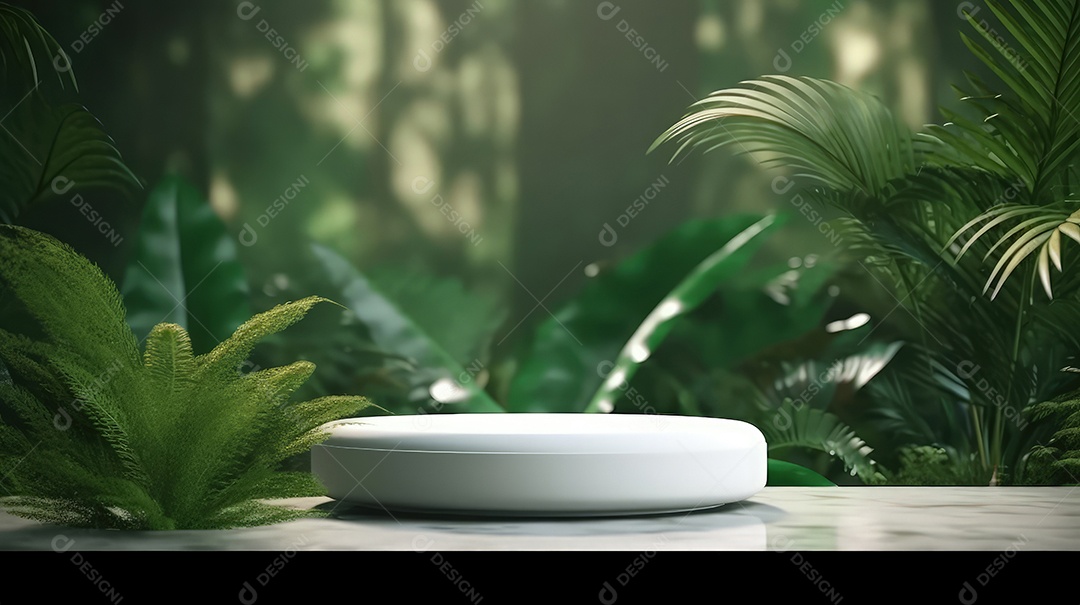 Pódio premium em fundo pastel com galhos de plantas, folhas.