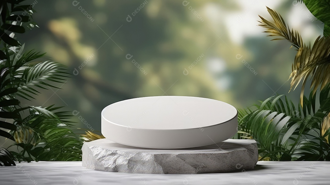 Pódio premium em fundo pastel com galhos de plantas, folhas.