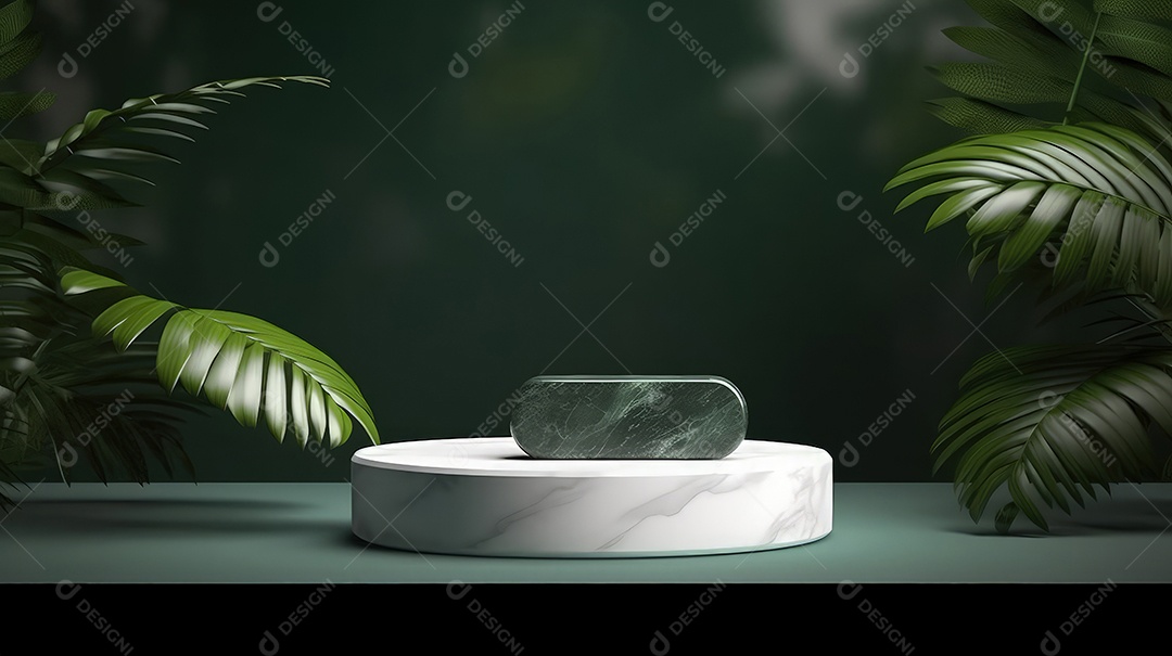 Pódio premium em fundo pastel com galhos de plantas, folhas.