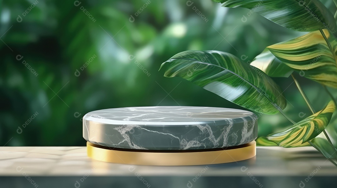 Pódio premium em fundo pastel com galhos de plantas, folhas.