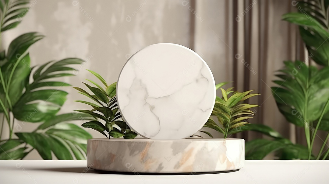 Pódio premium em fundo pastel com galhos de plantas, folhas.