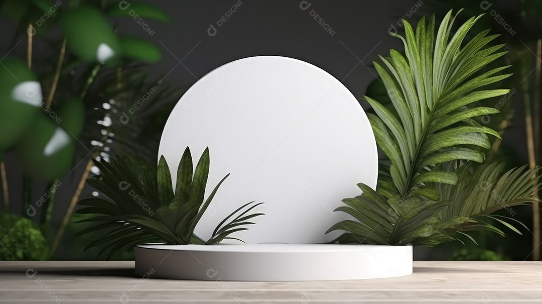 Pódio premium em fundo pastel com galhos de plantas, folhas.