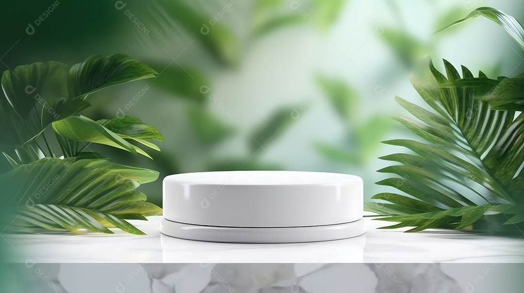 Pódio premium em fundo pastel com galhos de plantas, folhas.