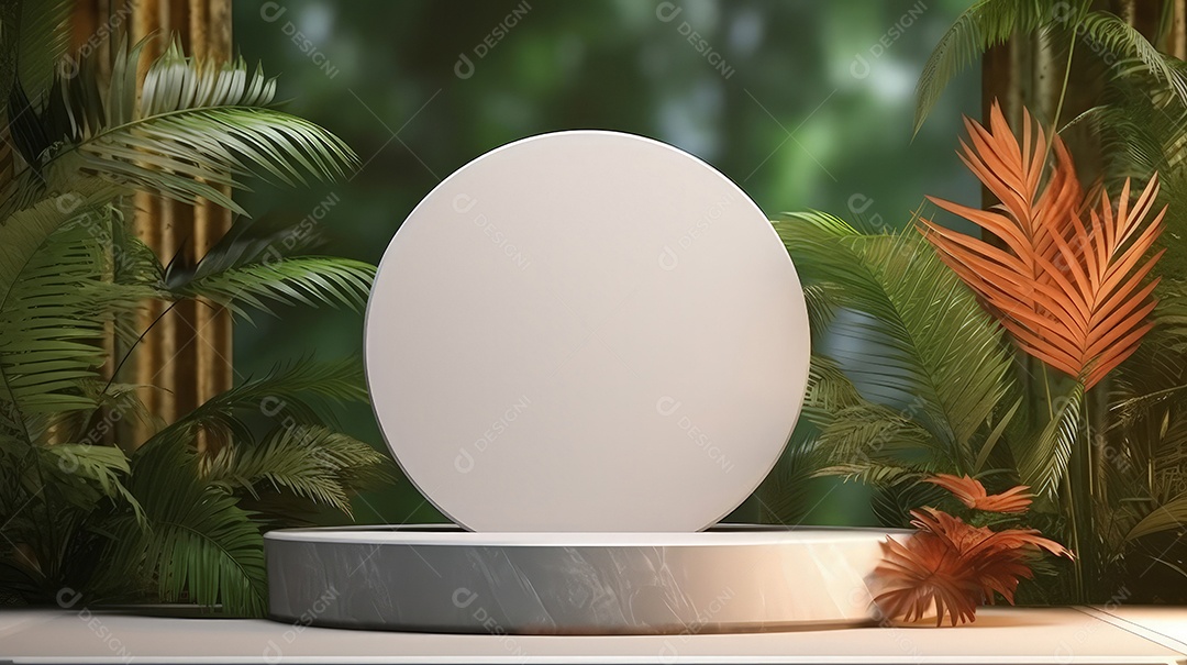 Pódio premium em fundo pastel com galhos de plantas, folhas.