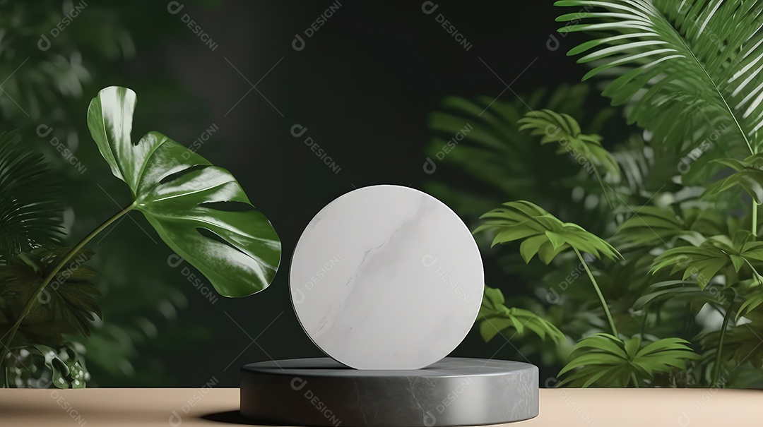 Pódio premium em fundo pastel com galhos de plantas, folhas.