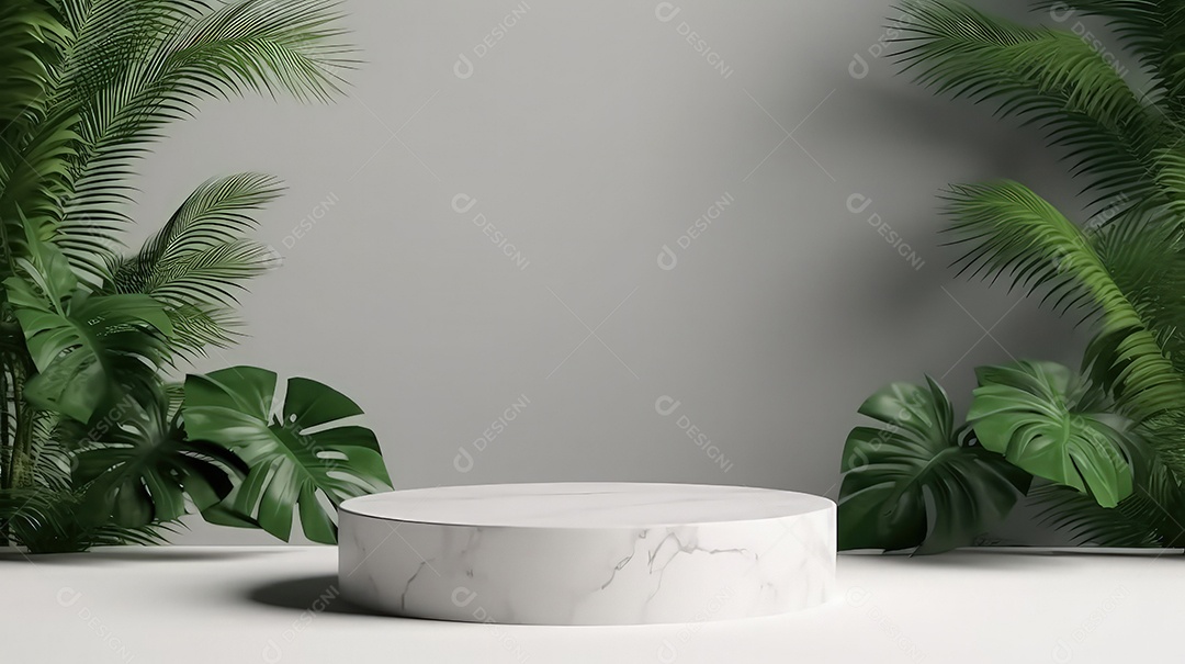 Pódio premium em fundo pastel com galhos de plantas, folhas.