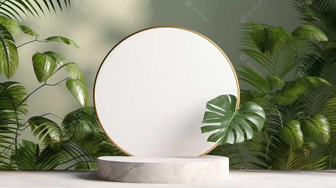 Pódio premium em fundo pastel com galhos de plantas, folhas.