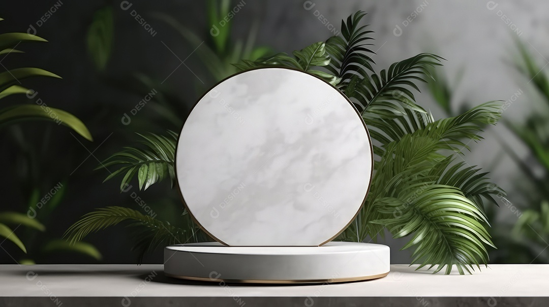 Pódio premium em fundo pastel com galhos de plantas, folhas.