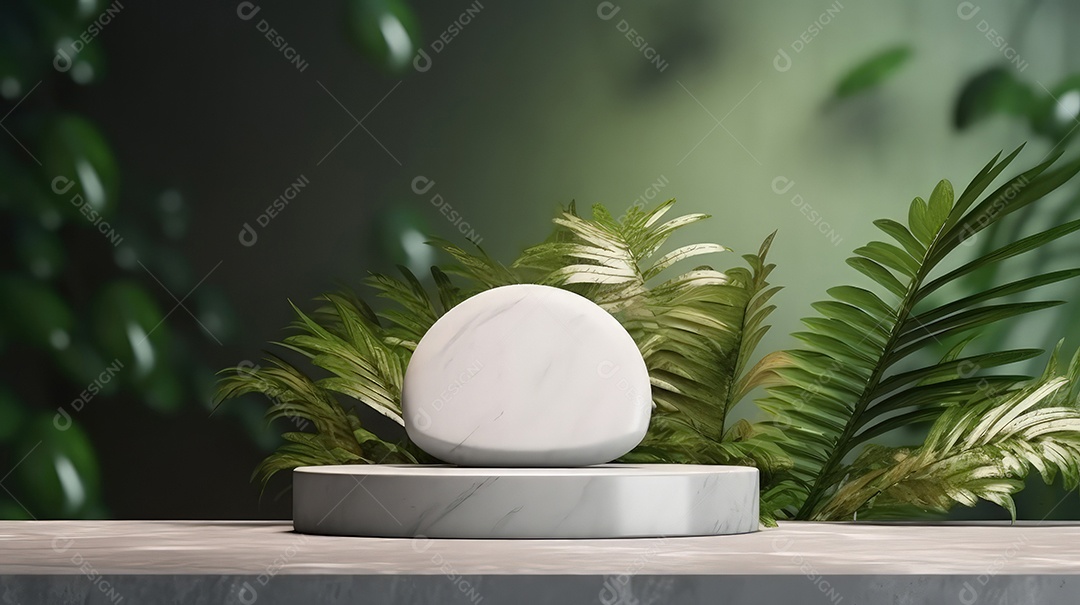 Pódio premium em fundo pastel com galhos de plantas, folhas.