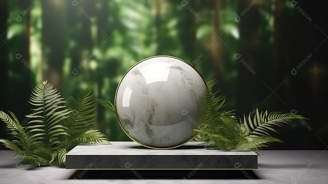 Pódio premium em fundo pastel com galhos de plantas, folhas.