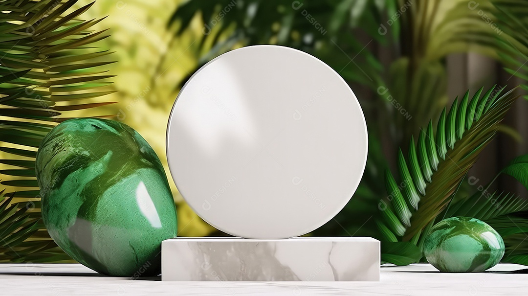 Pódio premium em fundo pastel com galhos de plantas, folhas.