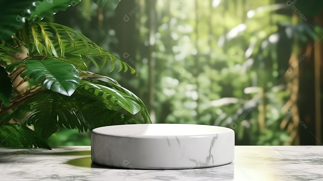 Pódio premium em fundo pastel com galhos de plantas, folhas.