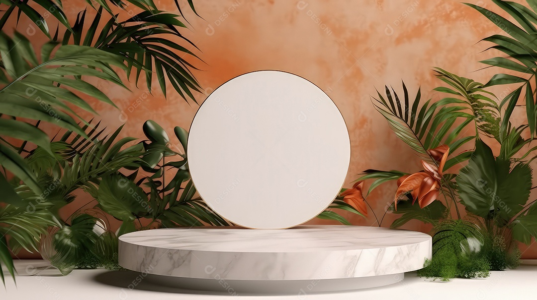 Pódio premium em fundo pastel com galhos de plantas, folhas.