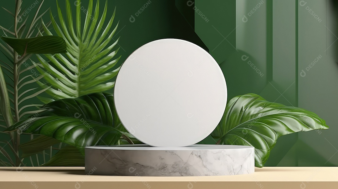 Pódio premium em fundo pastel com galhos de plantas, folhas.