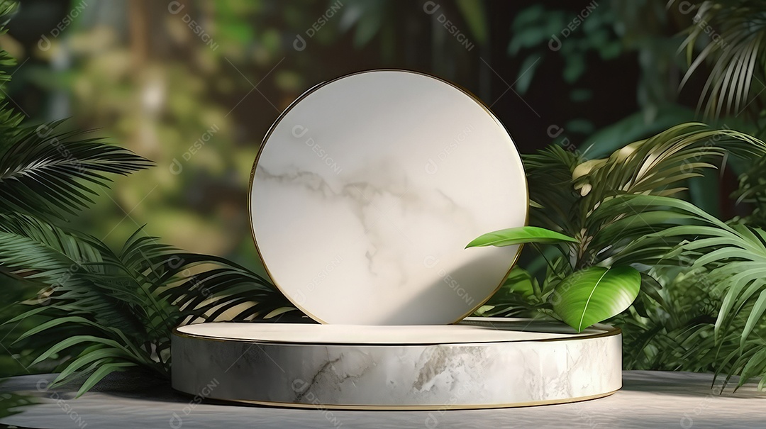 Pódio premium em fundo pastel com galhos de plantas, folhas.