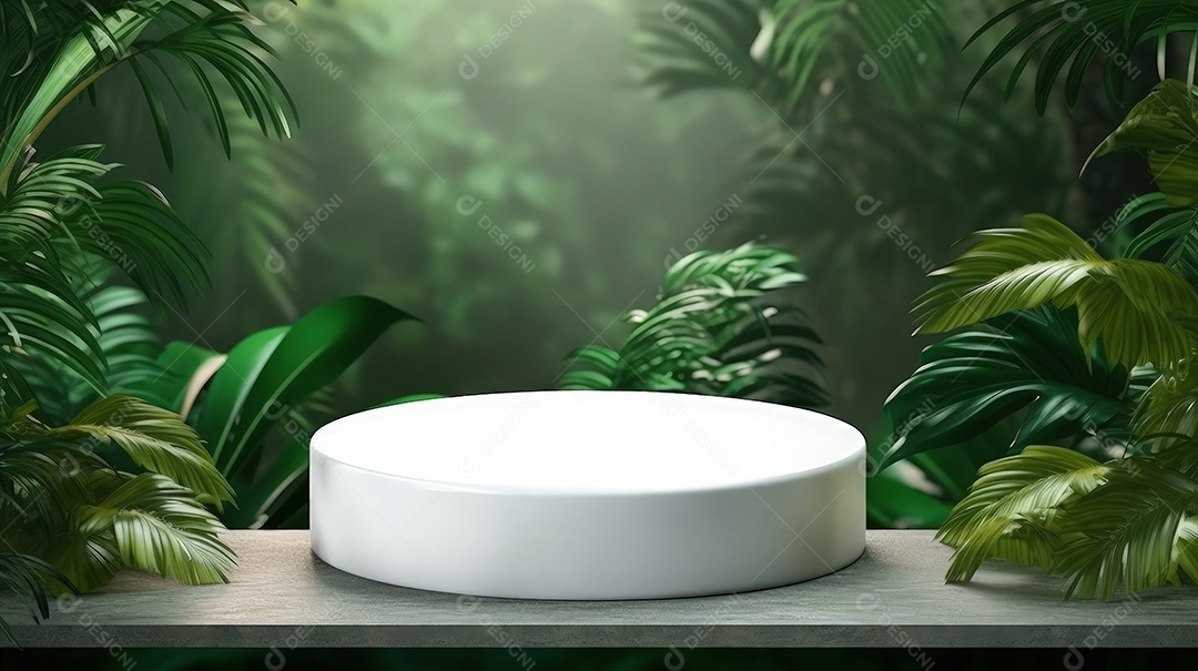 Pódio premium em fundo pastel com galhos de plantas, folhas.