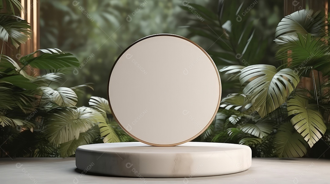 Pódio premium em fundo pastel com galhos de plantas, folhas.