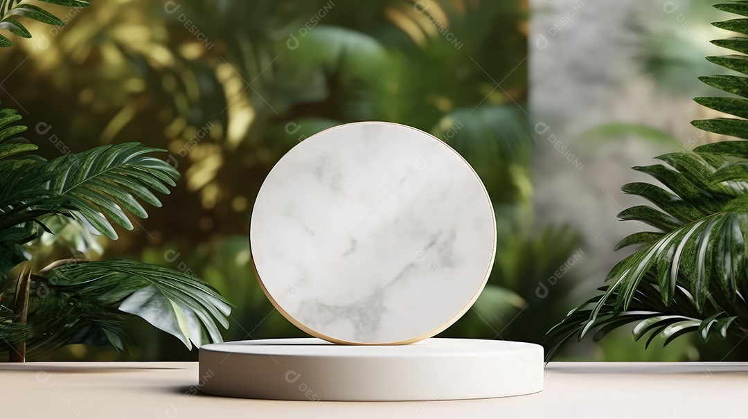 Pódio premium em fundo pastel com galhos de plantas, folhas.