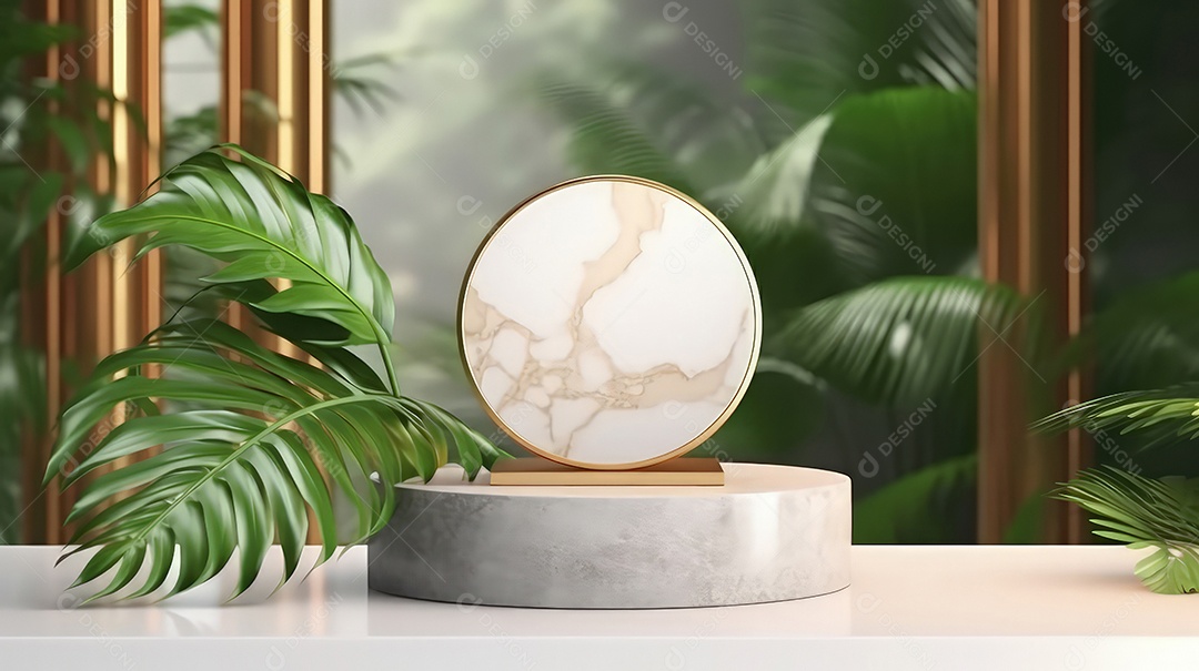 Pódio premium em fundo pastel com galhos de plantas, folhas.