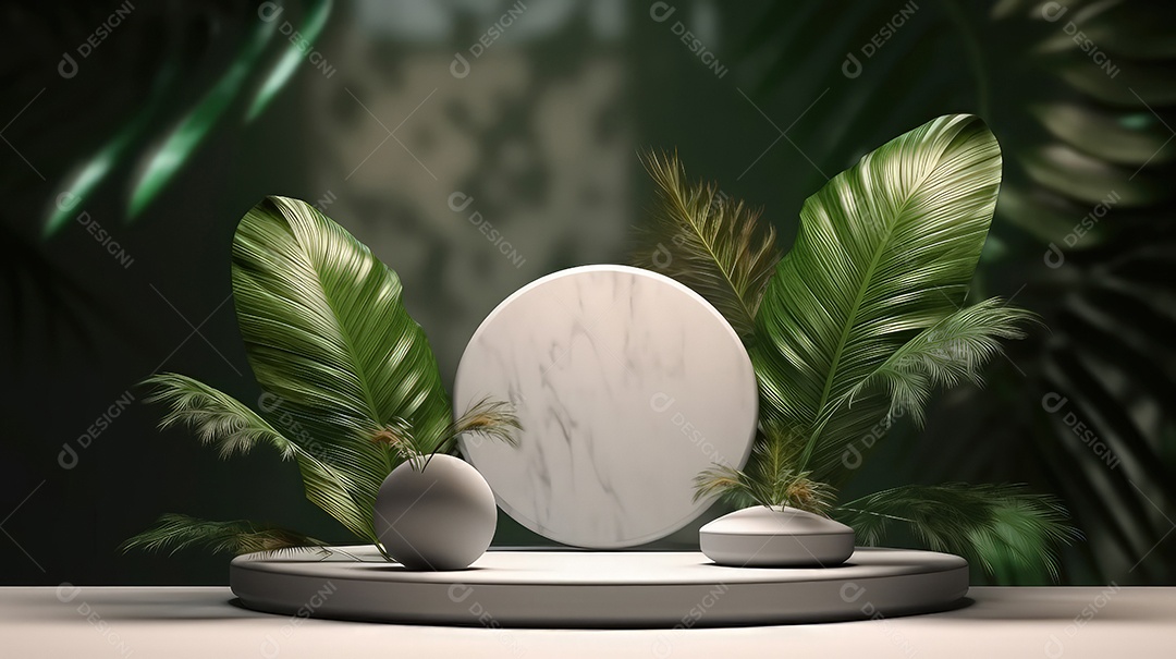 Pódio premium em fundo pastel com galhos de plantas, folhas.