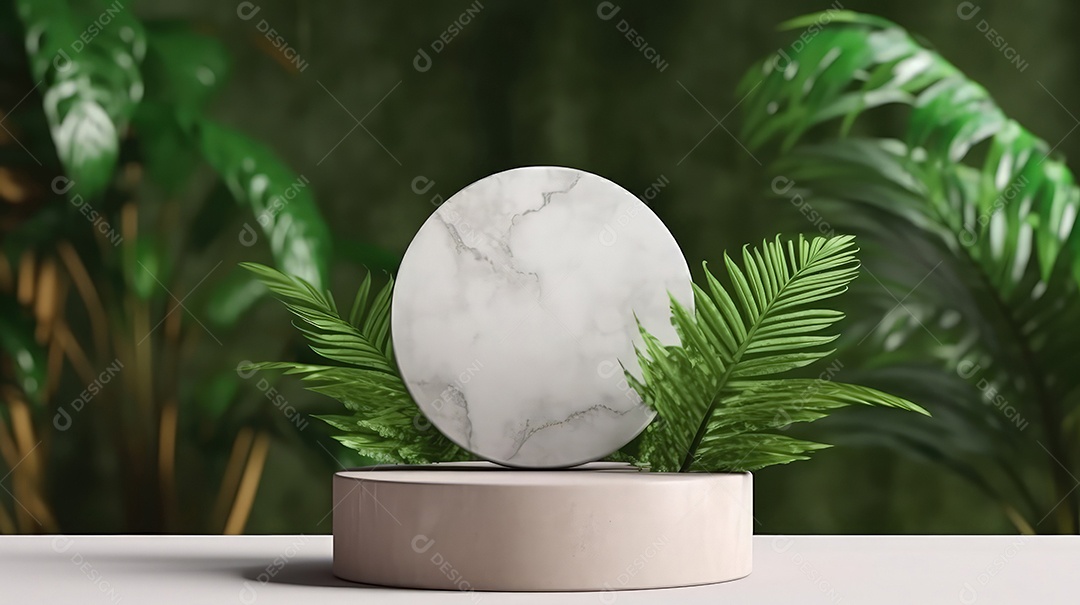 Pódio premium em fundo pastel com galhos de plantas, folhas.