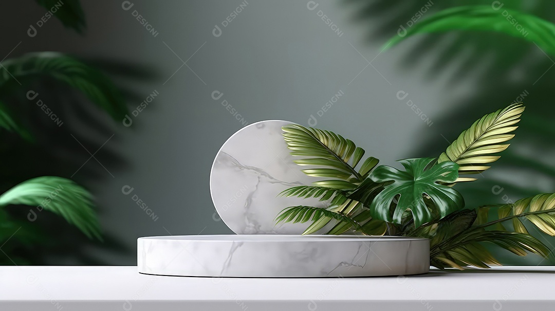 Pódio premium em fundo pastel com galhos de plantas, folhas.