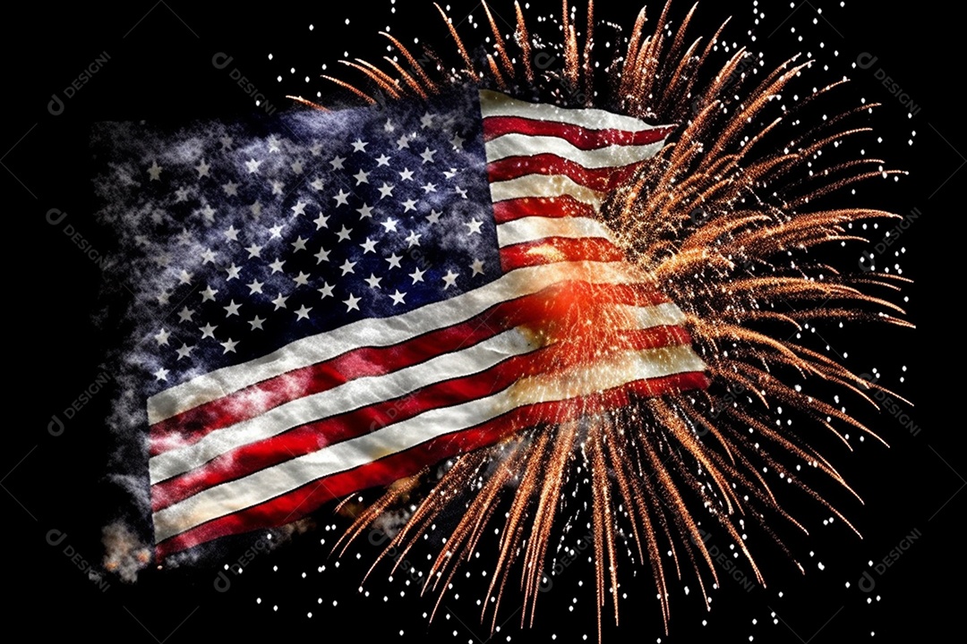 Bandeira de 4 de julho em fundo preto de fogos de artifício