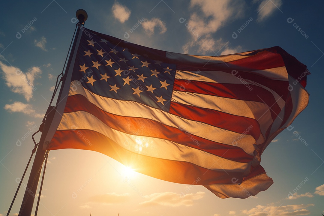 Feliz 4 de julho bandeira americana voando contra a paisagem realista do sol