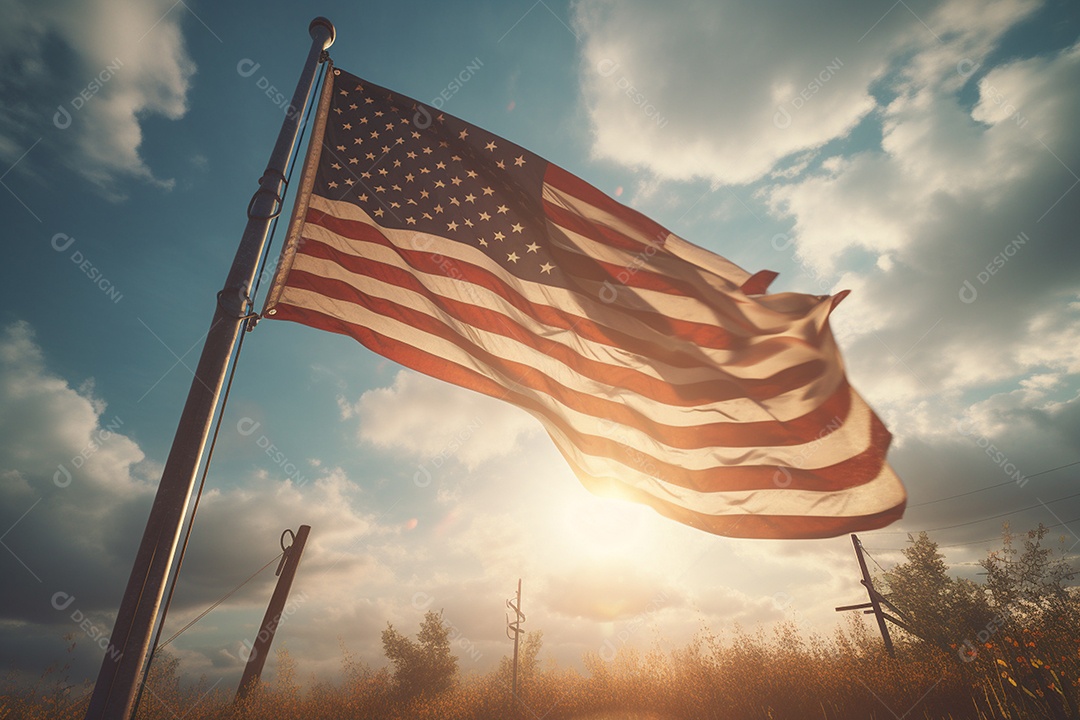Feliz 4 de julho bandeira americana voando contra a paisagem realista do sol