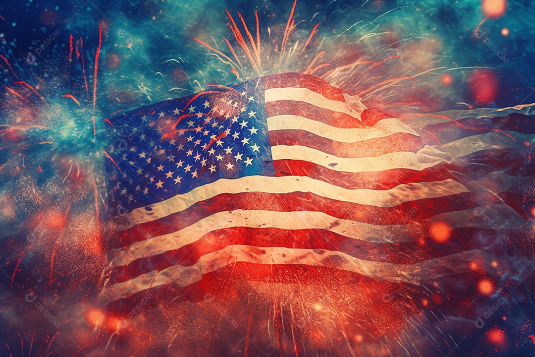 Feliz 4 de julho de 2023 bandeira dos EUA com fogos de artifício no céu