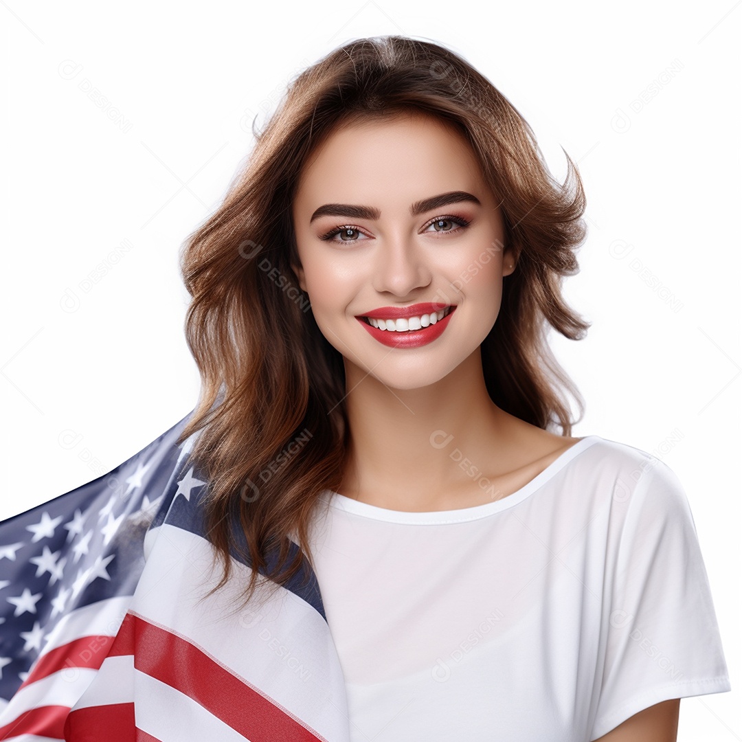 4 de julho Foto de mulher atraente sorrindo com bandeira e fundo branco