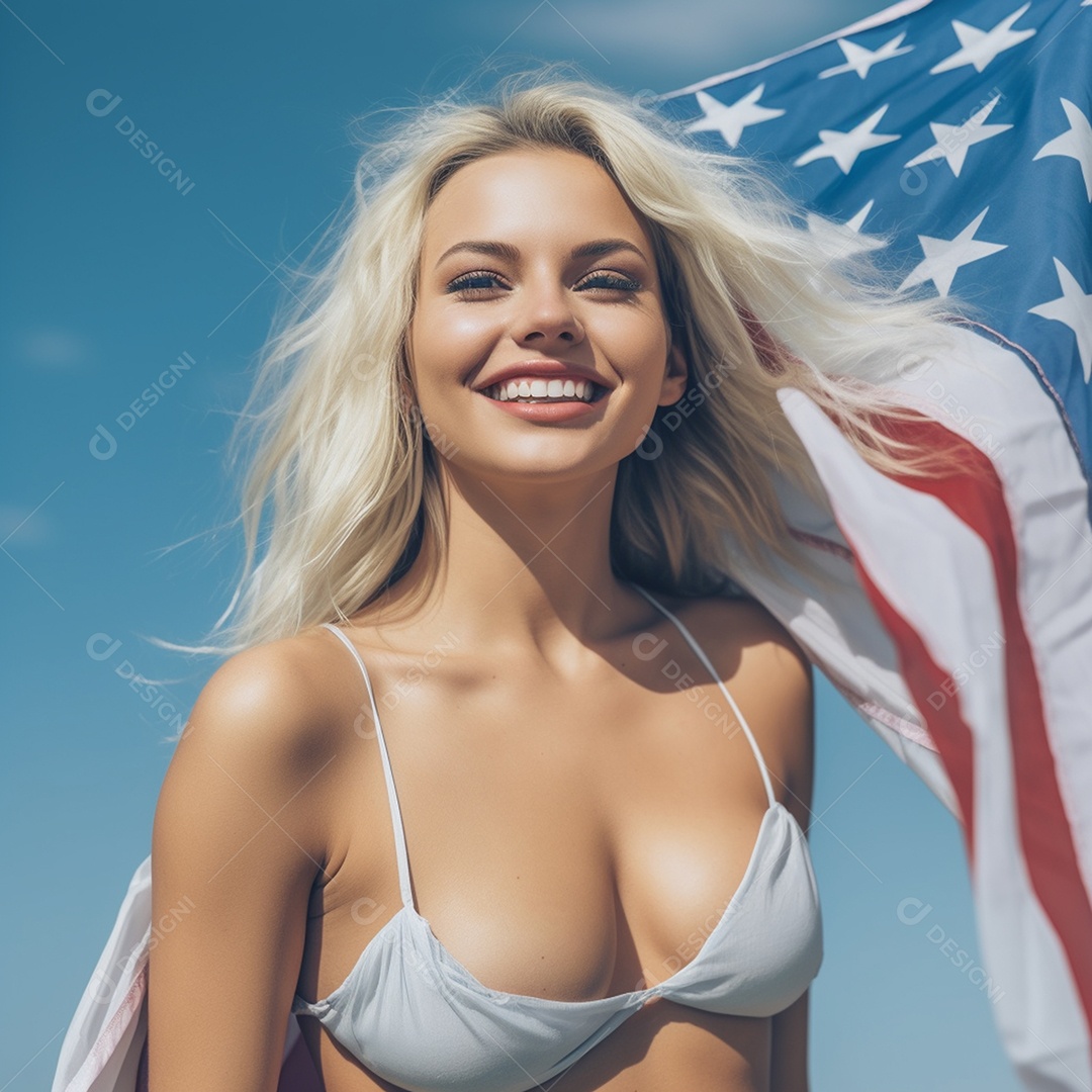 4 de julho mulher sexy sorrindo com bandeira e fundo branco
