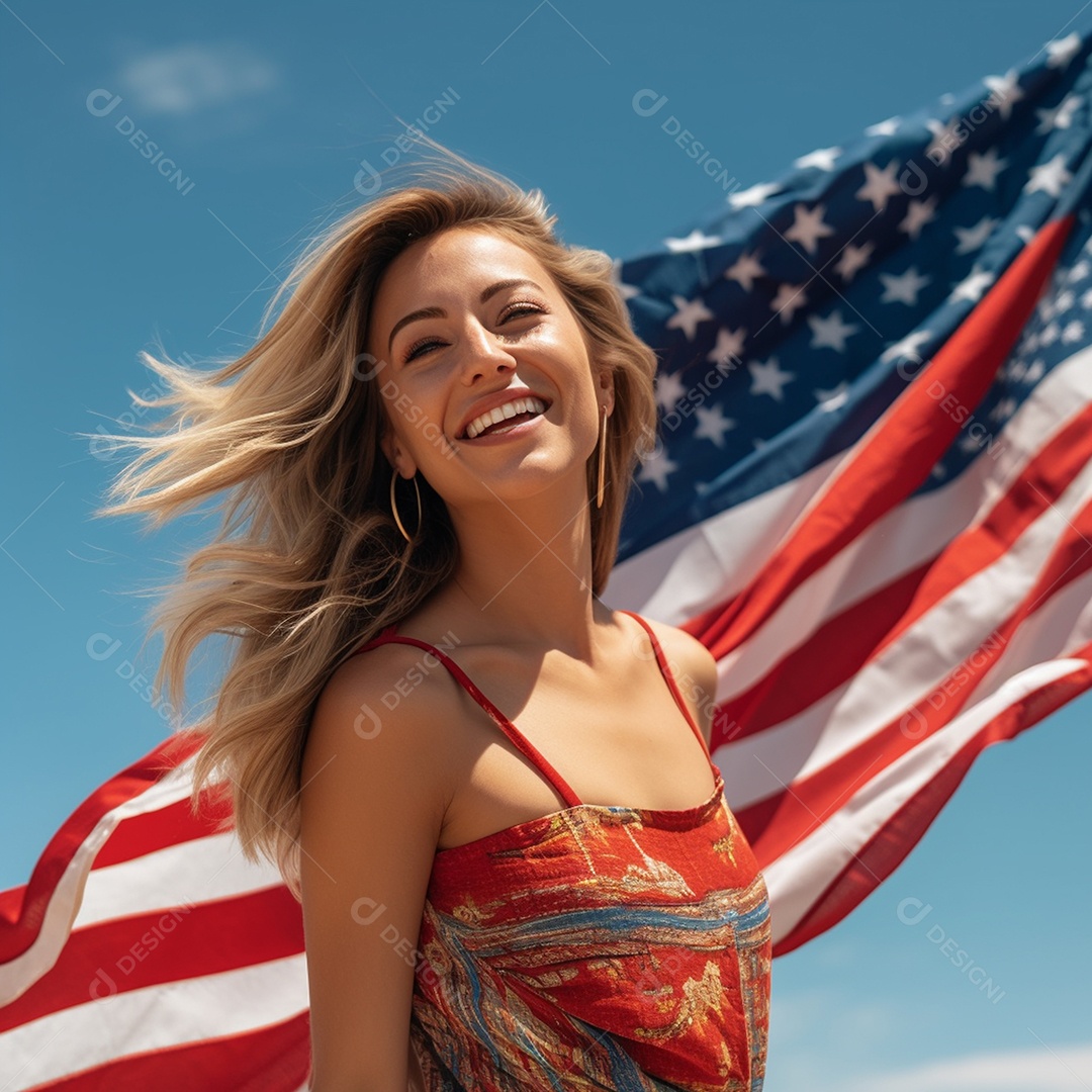 4 de julho mulher com bandeira americana com fundo branco