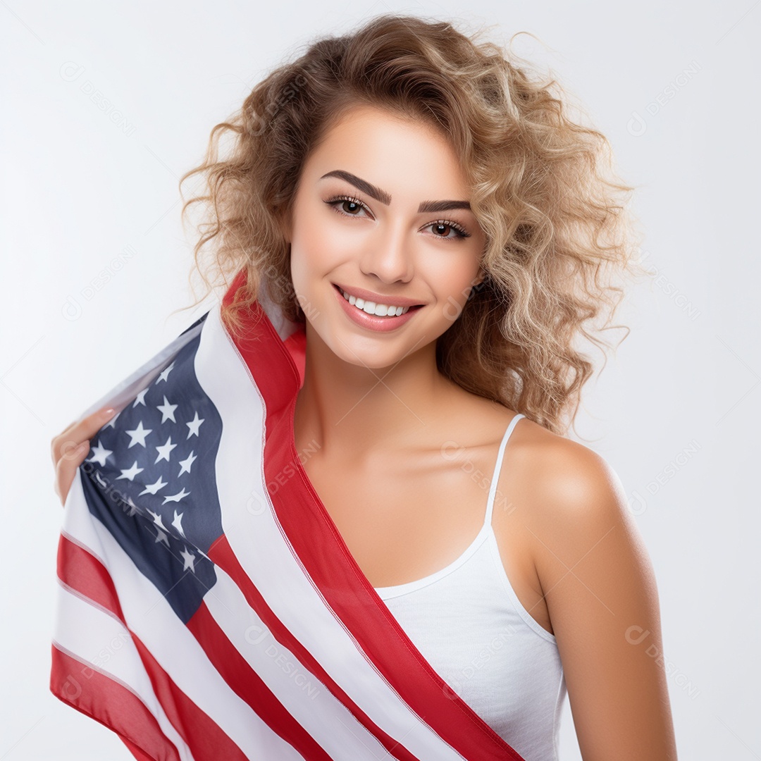 4 de julho mulher com bandeira americana com fundo branco