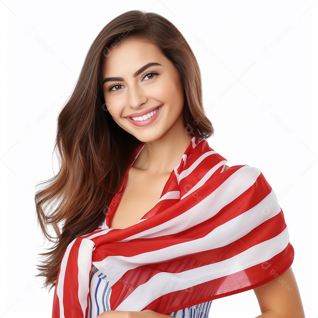 4 de julho mulher com bandeira americana com fundo branco