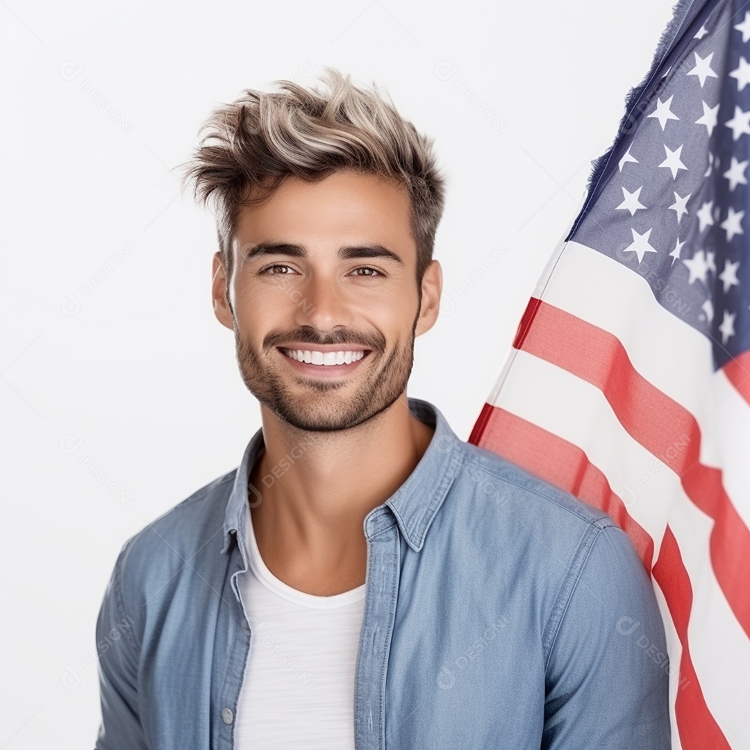 Homem atraente sorrindo com imagem de bandeira de 4 de julho com fundo branco