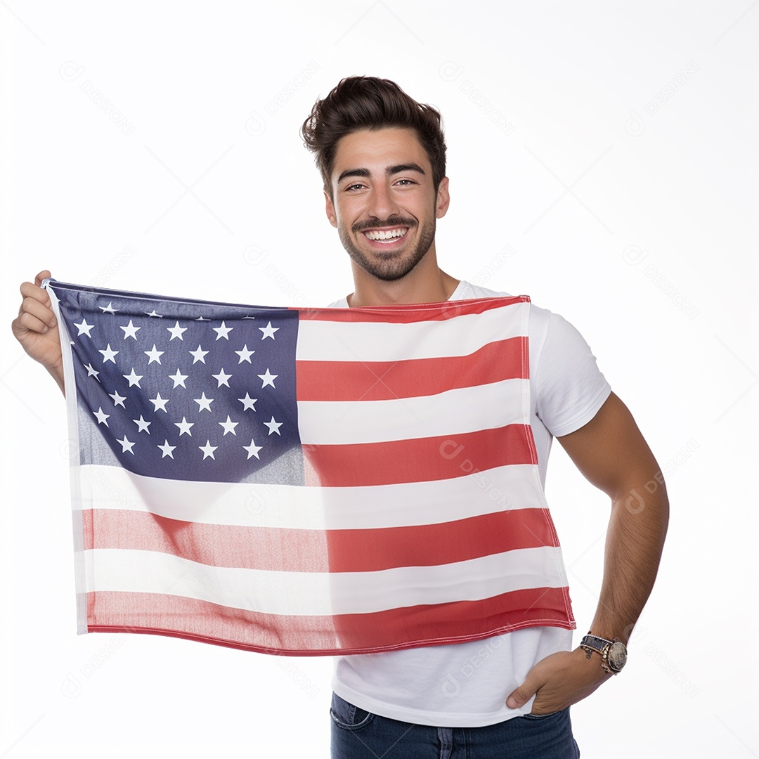 Homem sorrindo com imagem da bandeira americana de 4 de julho com fundo branco