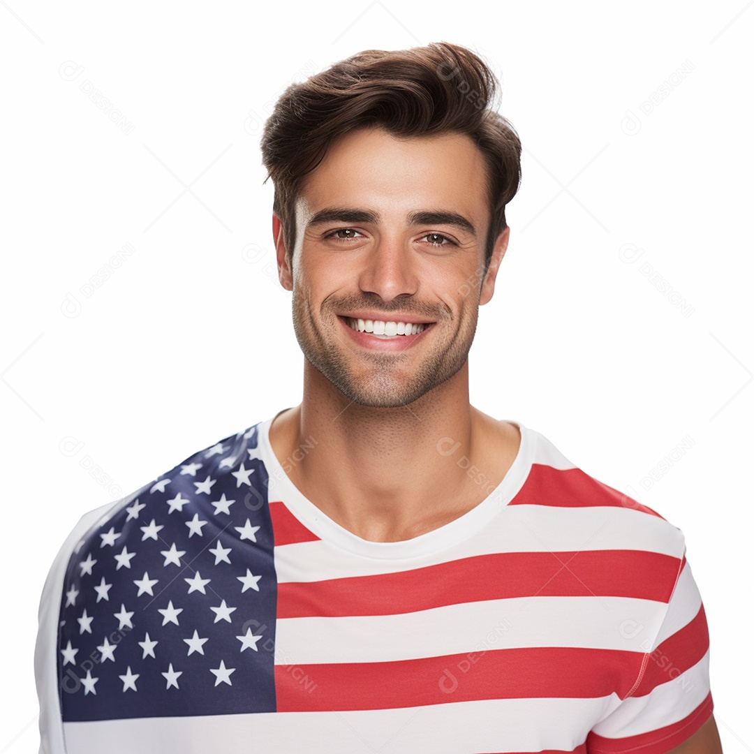 Homem sorrindo com imagem de camiseta de 4 de julho com fundo branco