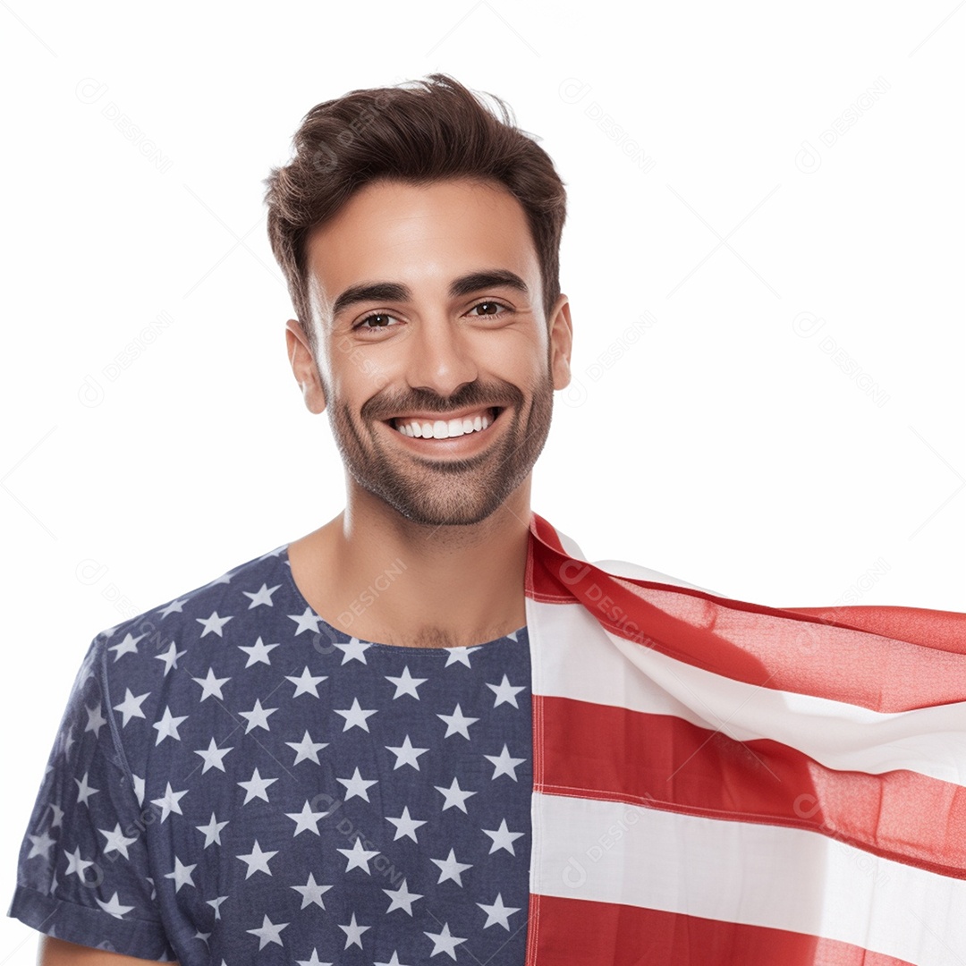 Homem sorrindo com imagem de camiseta de 4 de julho com fundo branco