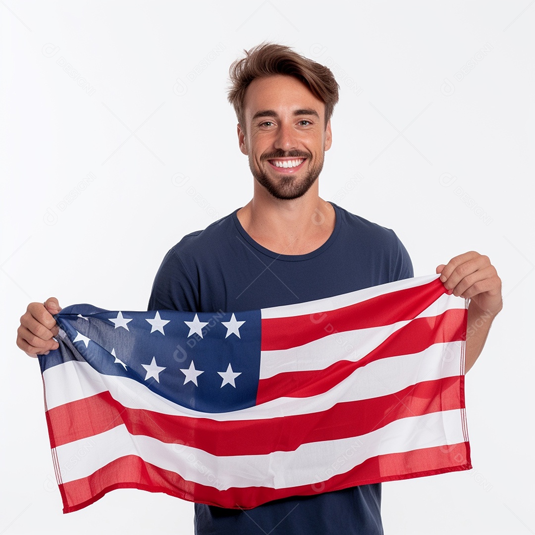 Foto de homem sorrindo com imagem de bandeira de 4 de julho com fundo branco