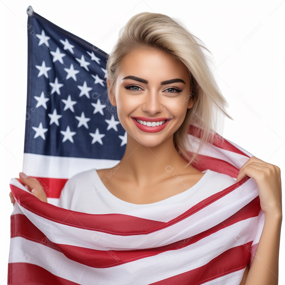 Foto de mulher sorrindo com bandeira 4 de julho com fundo branco