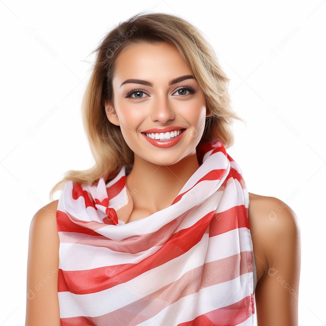 Foto de mulher sorrindo com bandeira 4 de julho com fundo branco
