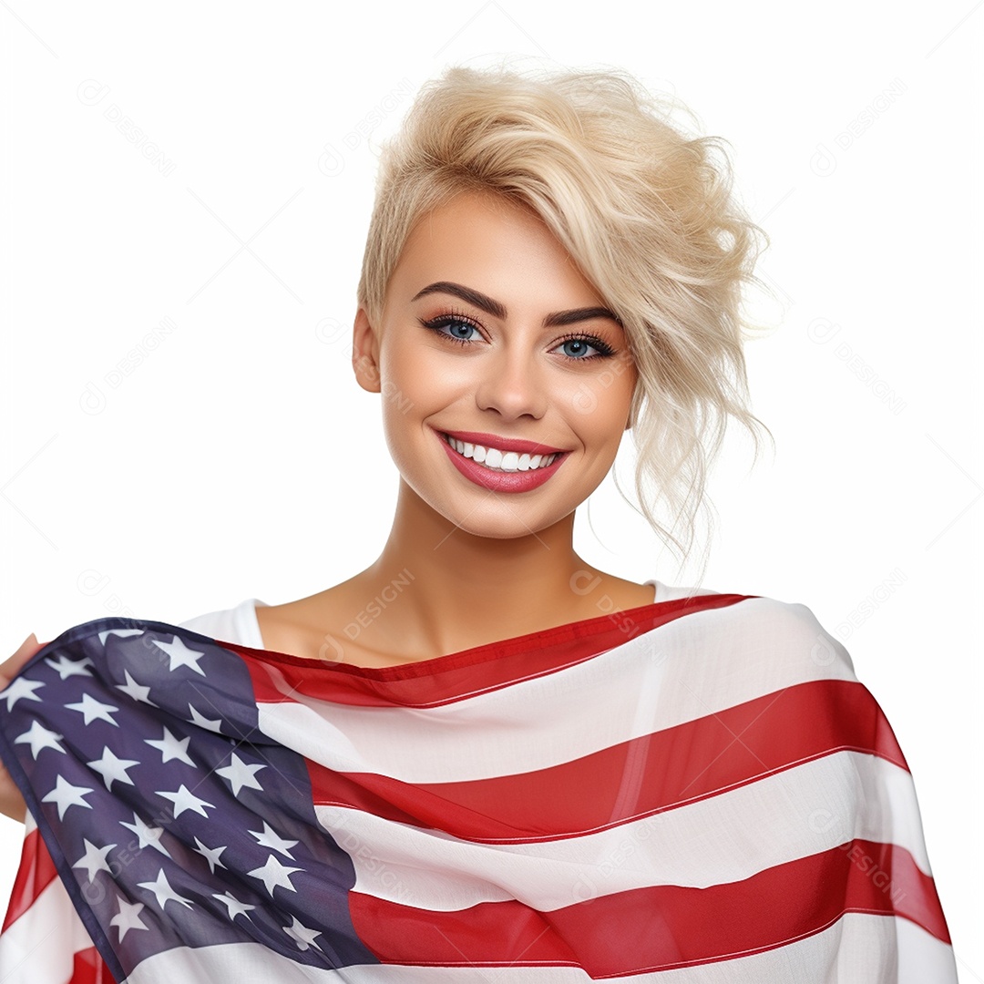 Foto de mulher sorrindo com bandeira 4 de julho com fundo branco