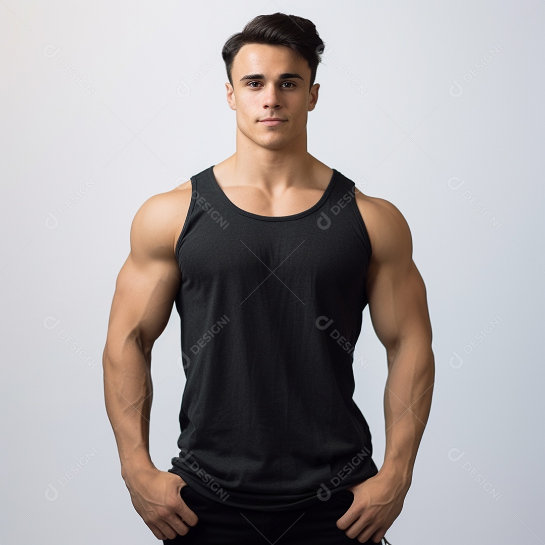 Jovem construtor de corpo masculino usa camiseta preta