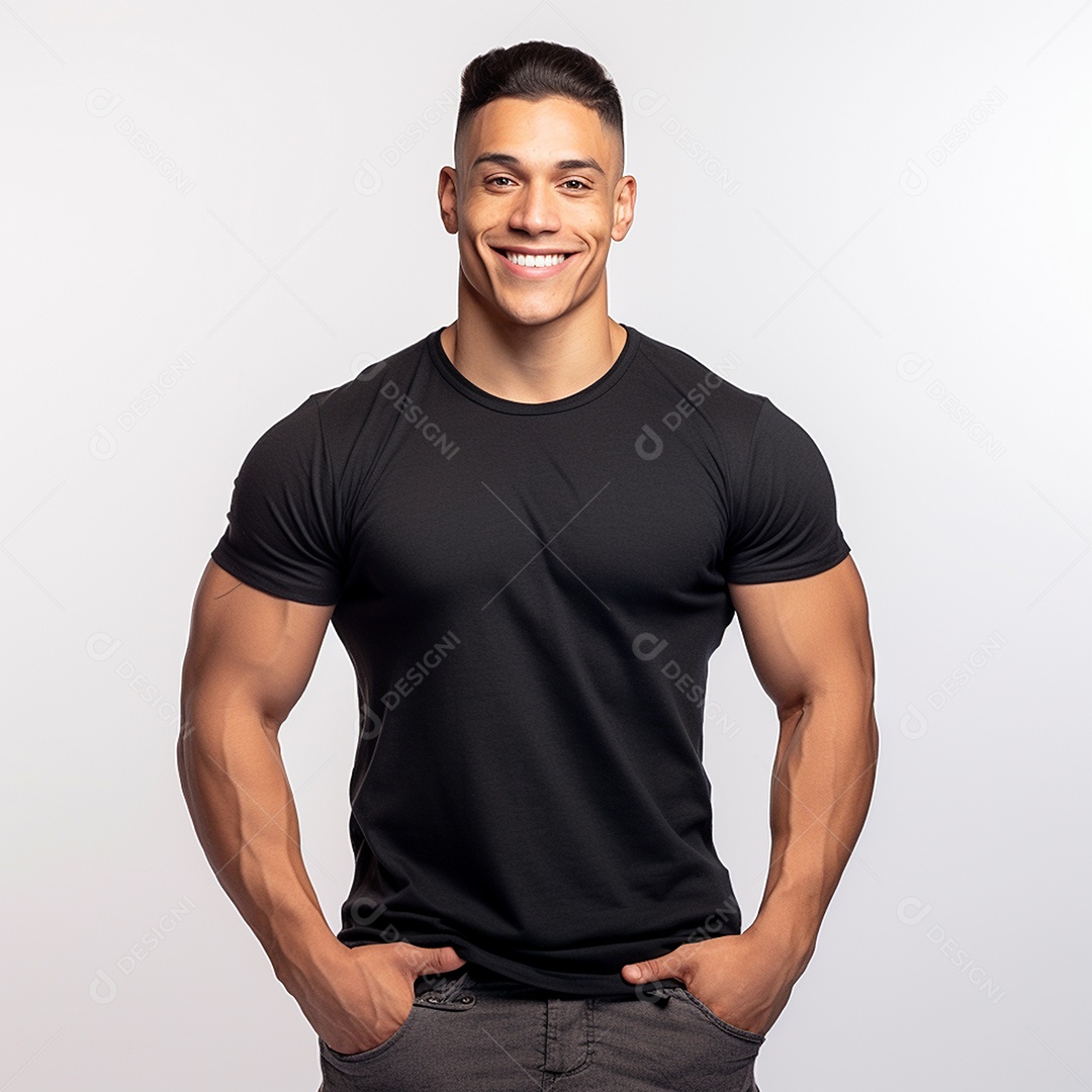Jovem construtor de corpo masculino usa camiseta preta