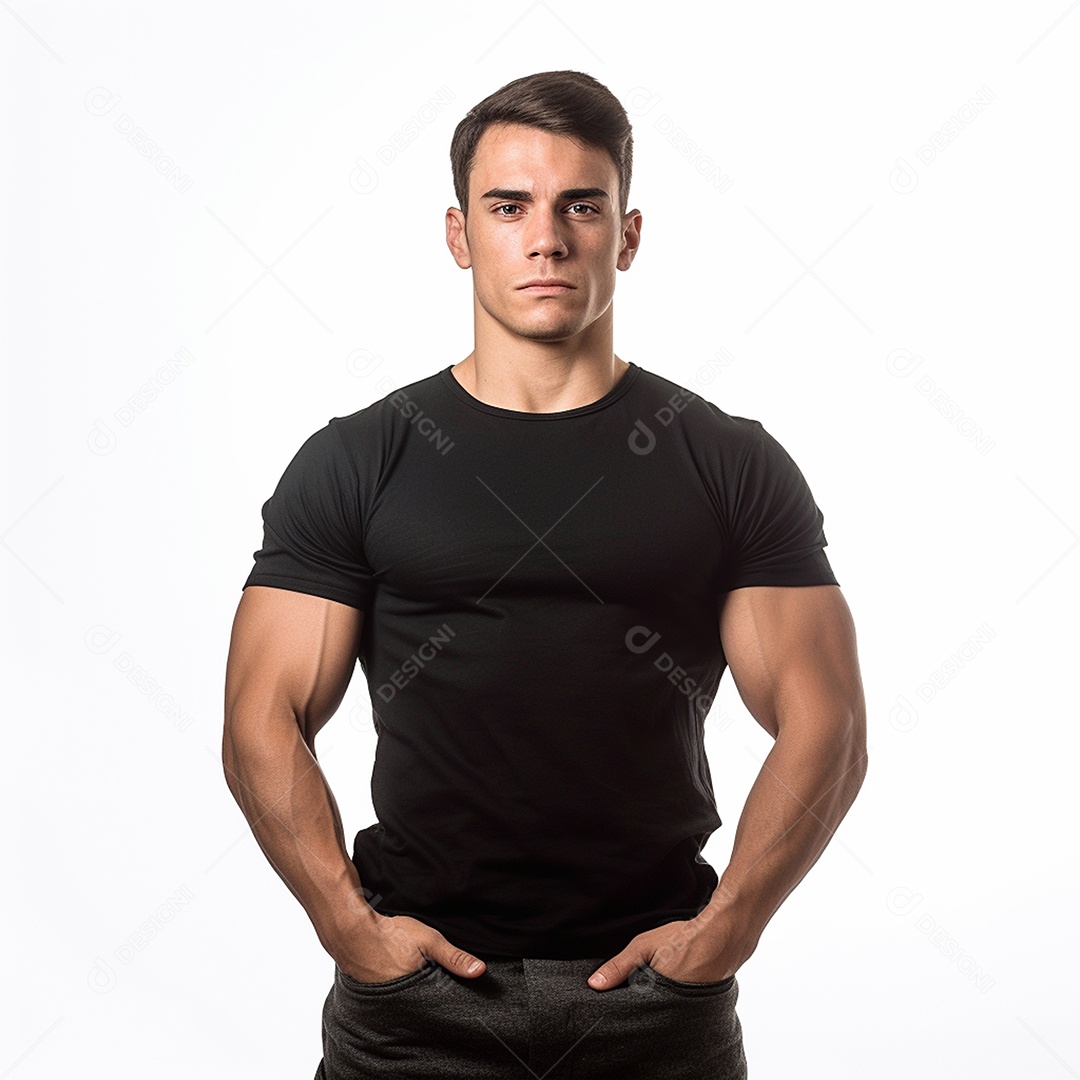 Jovem construtor de corpo masculino usa camiseta preta